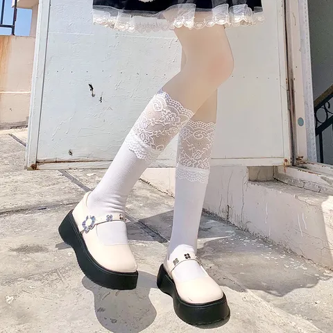 Women's Sweet Lace Trim Mid Calf Socks Thin Summer Japanese Style JK Uniform Hosiery Casual Polyester Stockings