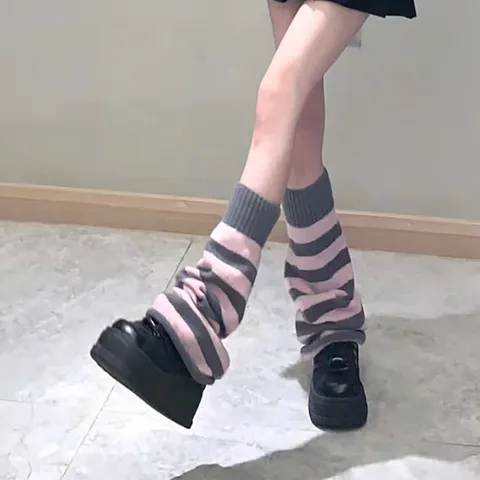 Mujeres Estilo Japonés Calentadores Tejidos Calcetines Acampanados Slouchy A Rayas Puños de Bota Invierno Moda