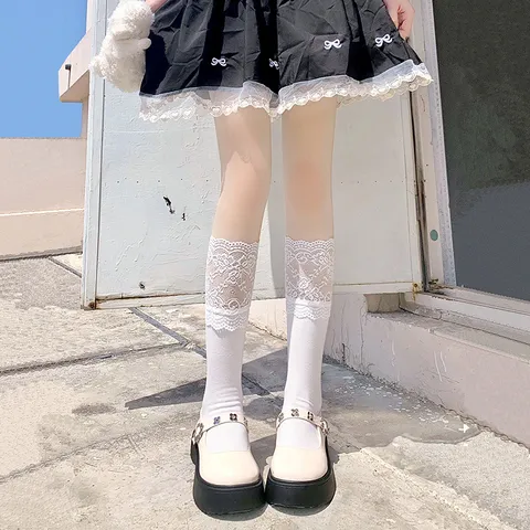 Women's Sweet Lace Trim Mid Calf Socks Thin Summer Japanese Style JK Uniform Hosiery Casual Polyester Stockings