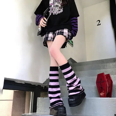 Mujeres Estilo Japonés Calentadores Tejidos Calcetines Acampanados Slouchy A Rayas Puños de Bota Invierno Moda