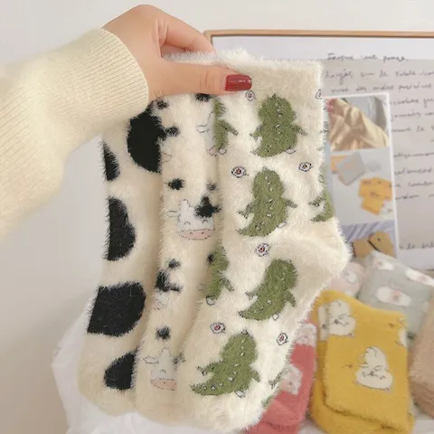 Damen Süße Cartoon Tier Muster Verdichtete Warme Mink Fleece Bodensocken