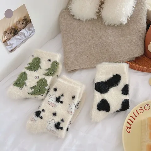Damen Süße Cartoon Tier Muster Verdichtete Warme Mink Fleece Bodensocken