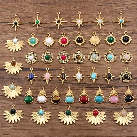 Edelstahl Naturstein Charms Für Die Schmuckherstellung DIY Halskette Ohrring Runde Sonne Stern Fächerform Ajouré Anhänger Zubehör