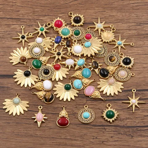 Edelstahl Naturstein Charms Für Die Schmuckherstellung DIY Halskette Ohrring Runde Sonne Stern Fächerform Ajouré Anhänger Zubehör