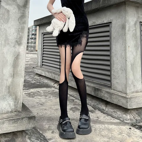 Women Sexy Hollow Out Fishnet Stockings Gothic Y2K Ripped Suspender Hosiery Tights For Party Clubwear Leggings