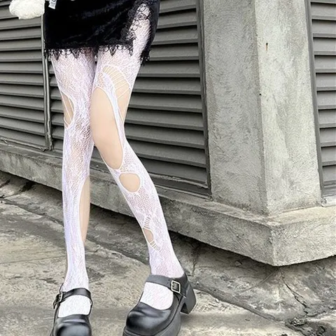 Women's Sexy Hollow Out Fishnet Pantyhose Garter Style Ripped Dark Gothic Tights
