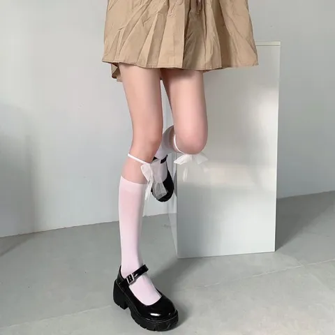 Japanese JK Academy Style Spliced Calf Socks Sweet Bowknot Sheer High Stockings For Women Girls Lolita Fashion Nylon Leg Warmers