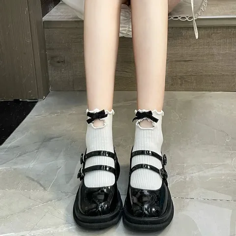 Women Casual Crew Socks Sweet Japanese Lolita Style Solid Color Hollow-Out Ruffle Bowknot Cotton Blend Short Socks