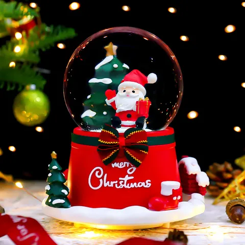 Santa Claus Snowman Christmas Crystal Ball Music Box With LED Lights Glowing Snowing Rotating Resin Glass Ornament Gift For Bedroom Home Decor