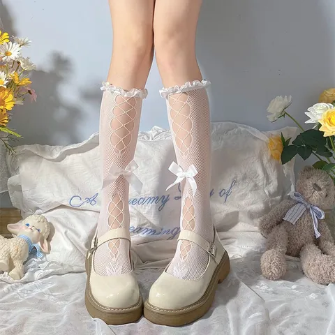 Women Sweet Lolita Lace Bowknot Mid Calf Socks Japanese JK Cute Hollow Out Mesh Hosiery Female Summer Fashion Stockings