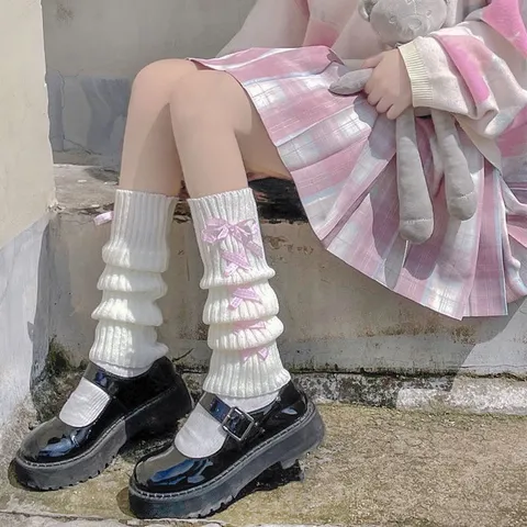 Women Sweet Lolita Knit Leg Warmers Cute Cross Strap Bowknot Winter Warm Calf Sleeves