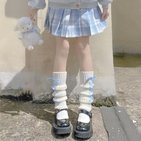 Women Sweet Lolita Knit Leg Warmers Cute Cross Strap Bowknot Winter Warm Calf Sleeves