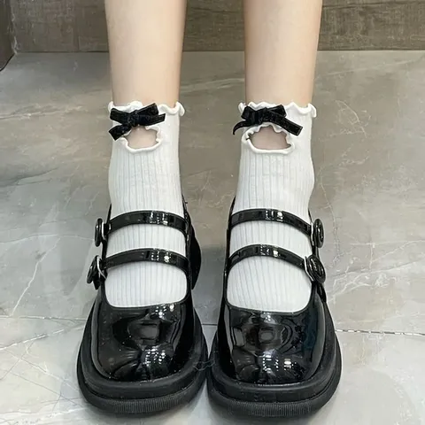 Sweet Japanese Style Lolita Women Mid-Calf Socks Cute Bowknot Flocking Cutout Lettuce Trim Casual Cotton Blend Socks