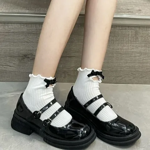 Sweet Japanese Style Lolita Women Mid-Calf Socks Cute Bowknot Flocking Cutout Lettuce Trim Casual Cotton Blend Socks