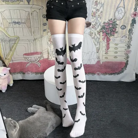 Goth Halloween Stampa Pipistrello Collant Sopra Il Ginocchio Donna Scura Subcultura Calze Alte Coscia Festa Cosplay Accessori