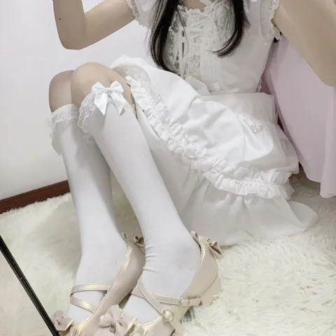 Damen Lolita Spitzen Schleife Wadensocken im japanischen süßen Stil Polyester Mischung Strumpfwaren für Mode Alltag