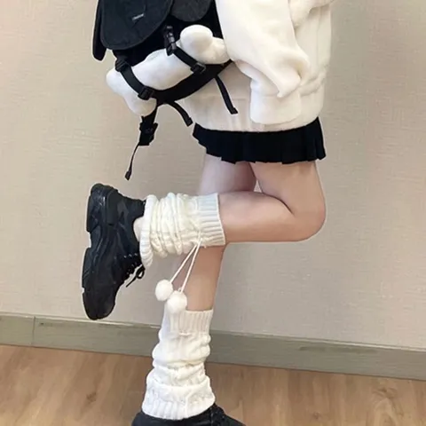 Japanese Lolita Sweet Pom Pom Slouch Socks Over The Knee Leg Warmers Acrylic Knit JK Winter Socks For Women