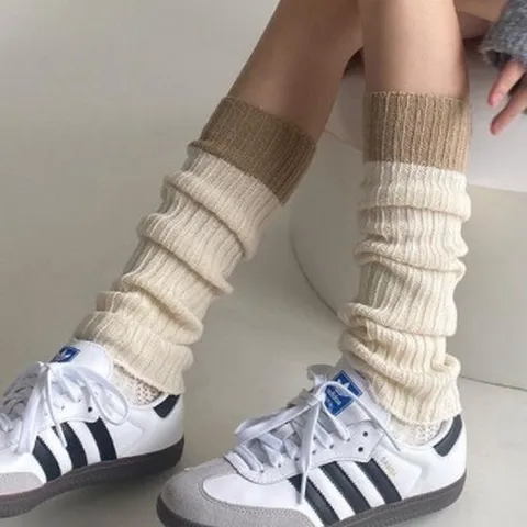 Damen Strick Stulpen Herbst Winter Farbblock Nähen Slouch Socken Casual Warme WadenSocken