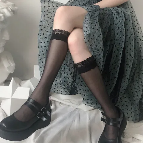 Chaussettes Mi-Mollet Transparentes Ultra-Minces d'Été pour Femmes Garniture en Dentelle Japonaise Style Doux Mode Hosiery