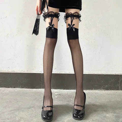 Women Sexy Lace Bow Garter Thigh High Stockings Japanese JK Style Ribbon Ribbon Over The Knee Stockings Black White Thin Hosiery