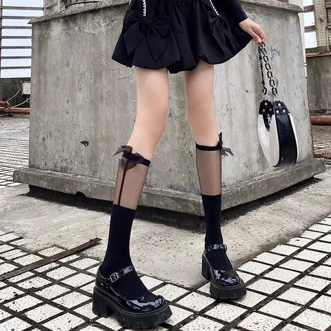 Women Lolita Cute Bowknot Mesh Splicing Mid-Tube Socks Sweet Japanese JK Bow Calf Socks Deodorant Nylon Hosiery