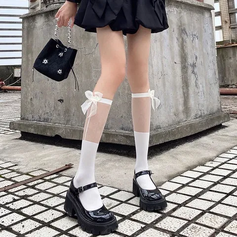 Women Lolita Cute Bowknot Mesh Splicing Mid-Tube Socks Sweet Japanese JK Bow Calf Socks Deodorant Nylon Hosiery