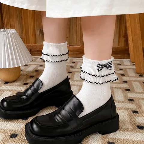Sweet Japanese Lolita Bowknot Lace Mid Tube Socks Cute Kawaii College Style Cotton Princess Casual Stockings