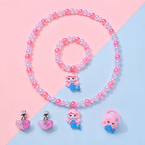 Kids Princess Mermaid Necklace Bracelet Ring Earring Set Colorful Bead Cartoon Jewelry Gift For Little Girls