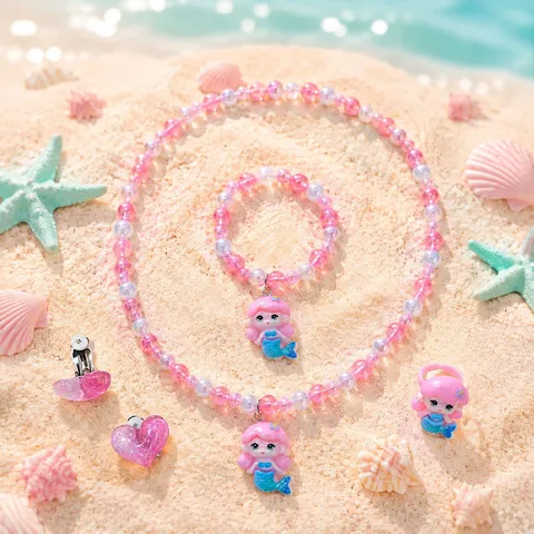 Kids Princess Mermaid Necklace Bracelet Ring Earring Set Colorful Bead Cartoon Jewelry Gift For Little Girls