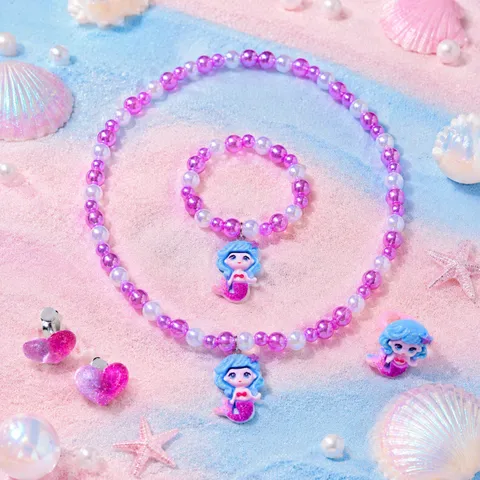 Kids Mermaid Pearl Necklace Bracelet Earrings Ring Set Cute Princess Beaded Jewelry Gift