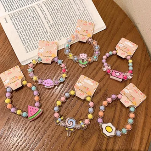 Kids Cartoon Resin Beaded Bracelet Cute Princess Crown Heart Fruit Floral Charm Bracelets Children Jewelry Gift