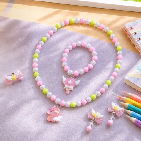 Kids Cartoon Princess Necklace Bracelet Earrings Ring Cute Unicorn Angel Heart Beaded Jewelry Gift For Little Girls