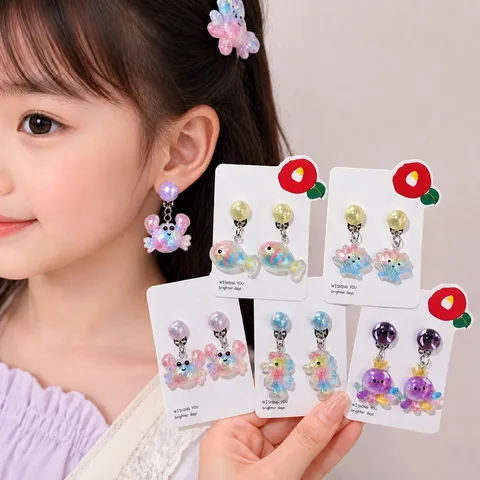 Kids Cartoon Ocean Animal Clip On Earrings Resin Cute Non Pierced Earrings Jewelry Gift For Little Girls