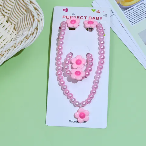 Kids Cute Cartoon Pearl Necklace Bracelet Earrings Ring Set Girls Sweet Princess Imitation Pearl Jewelry Gift