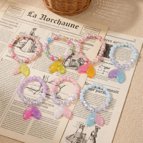Kids Mermaid Tail Beaded Bracelet Cute Cartoon Style Colorful Resin Pearl Charm Hand Jewelry Gift For Girls