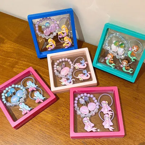 Children Girls Mermaid Unicorn Crystal Bead Bracelet Ring Earring Hair Accessory Set Cartoon Kids Jewelry Gift