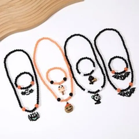 Kids Halloween Necklace Earrings Set Resin Cartoon Pumpkin Ghost Bat Jewelry Party Accessories For Children