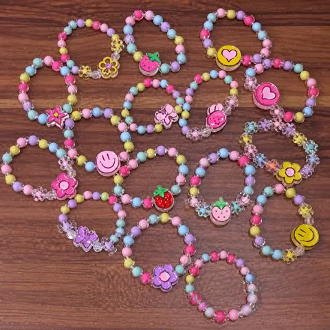 Children Cute Cartoon Resin Beaded Bracelet Jelly Color Princess Crown Heart Fruit Floral Handmade Jewelry Gift For Girls