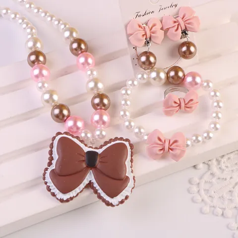 Kids Princess Jewelry Set Resin Bowknot Artificial Pearl Necklace Earrings Ring Bracelet Girls Gift Box Party Accessories