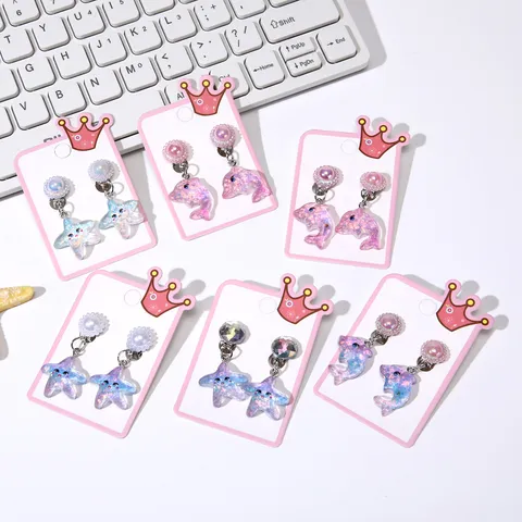 Kids Cute Cartoon Animal Resin Clip On Earrings Non Pierced Seastar Dolphin Sea Horse Ear Clips Children Jewelry Gift
