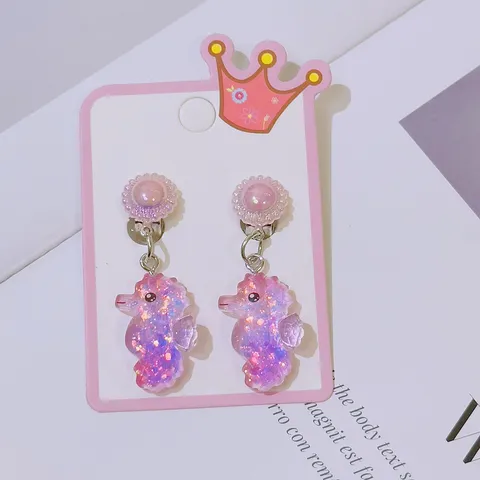 Kids Cute Cartoon Animal Resin Clip On Earrings Non Pierced Seastar Dolphin Sea Horse Ear Clips Children Jewelry Gift