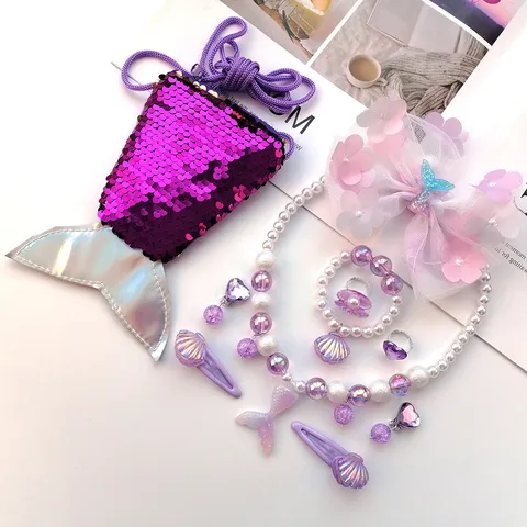Kids Mermaid Fish Tail Princess Necklace Bracelet Ring Hair Clip Jewelry Set Gift Box Party Performance Accessories