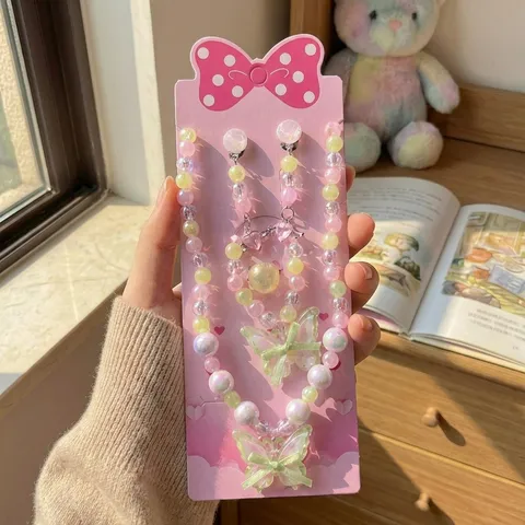 Kids Pearl Jewelry Necklace Bracelet Ring Earrings Cute Butterfly Girls Princess Dress Up Accessories