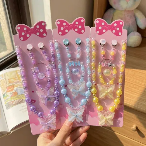 Kids Pearl Jewelry Necklace Bracelet Ring Earrings Cute Butterfly Girls Princess Dress Up Accessories