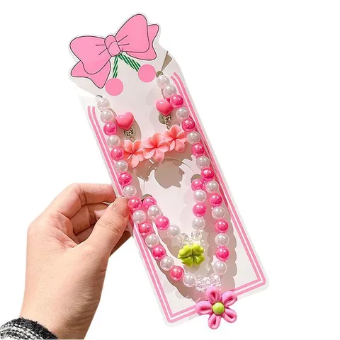Kids Sweet Five Petal Flower Artificial Pearl Necklace Bracelet Ring Earrings Set Children Princess Jewelry