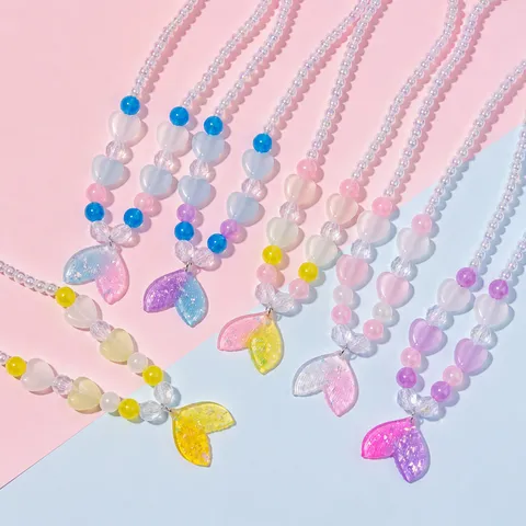 Kids Mermaid Tail Bead Necklace Bracelet Earrings Ring Set Cute Princess Cartoon Jewelry Gift