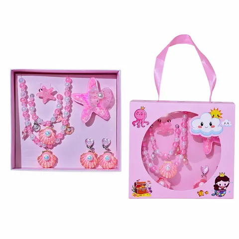 Kids Princess Jewelry Gift Box Set Artificial Pearl Necklace Bracelet Ring Hair Clips Children Party Accessories