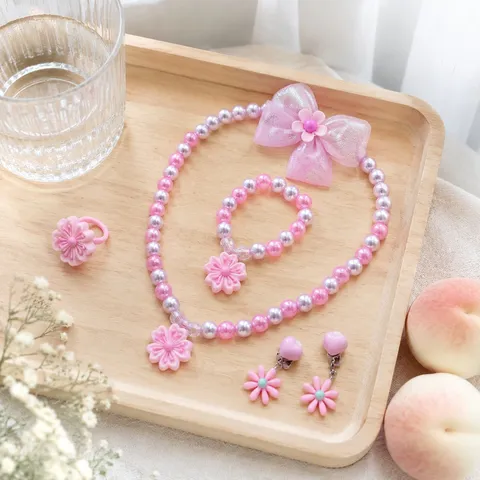 Kids Beaded Necklace Bracelet Ring Ear Clip Hair Clip Princess Flower Jewelry Little Girl Cute Fashion Gift