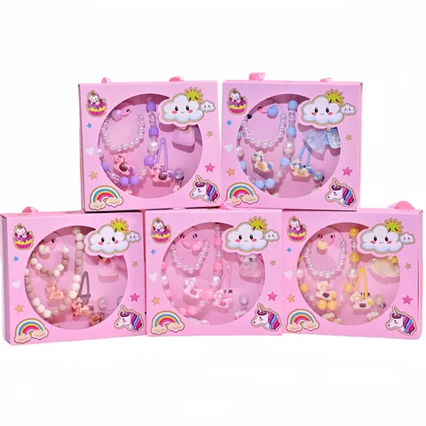 Kids Cartoon Unicorn Pendant Necklace Bracelet Gift Box Princess Jewelry Set
