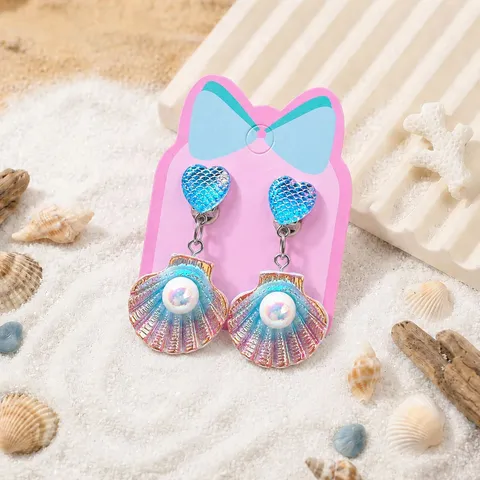 Kids Clip-On Earrings Shell Mermaid Tail Imitation Pearl Pendant Princess Dress Up Birthday Party Jewelry For Girls